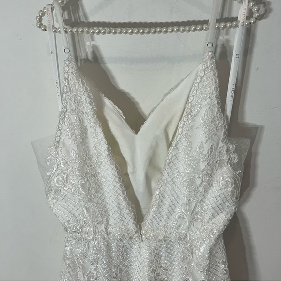 Lucci Lu plunging Mermaid Gown Wedding White Lace Sequin Dress size 14 new w/tag - Picture 4 of 12